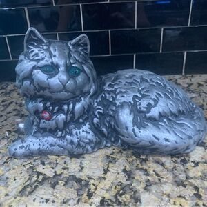 Vintage Cast Aluminum Silver Cat with Green Eyes Door Stop 10"